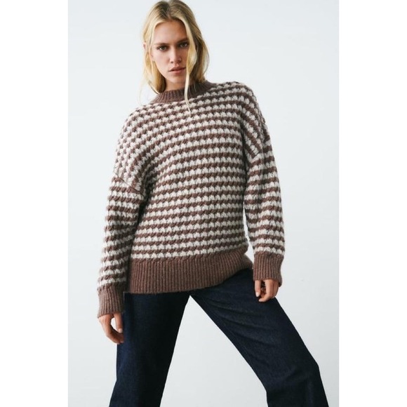Zara Sweaters - ZARA Wool‎ Chunky Knit Oversized Sweater Brown Grey Stripes Pullover Knit Small